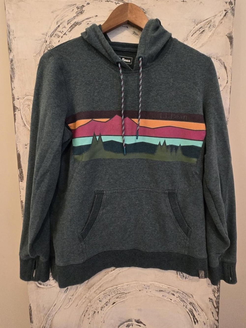 L.L. Bean Forest Green Pullover Hoodie with Colorful Mountain Stripe